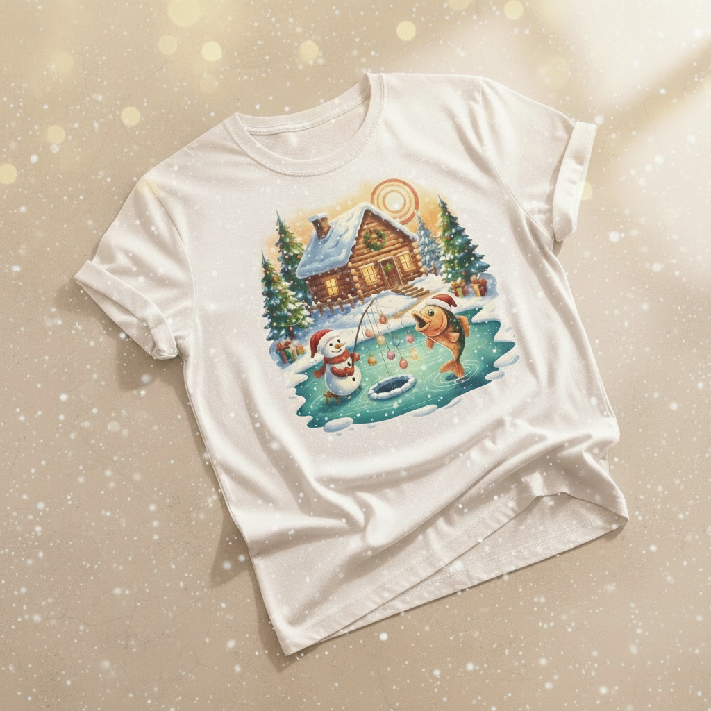 Christmas Cabin Snowman 100% Polyester T-Shirt