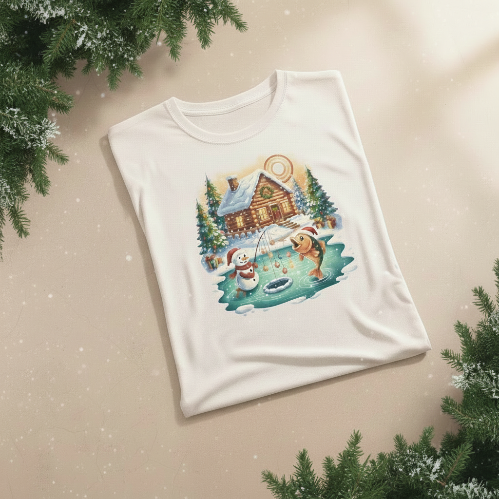 Christmas Cabin Snowman 100% Polyester T-Shirt