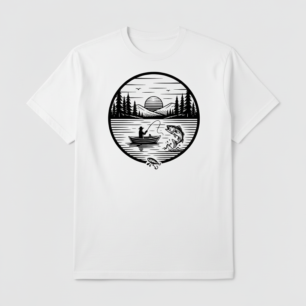 White t-shirt with a black and white graphic design of a person fishing on a lake surrounded by trees.