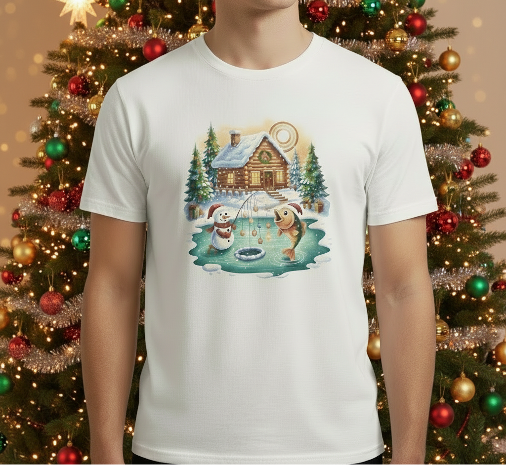 Christmas Cabin Snowman 100% Polyester T-Shirt